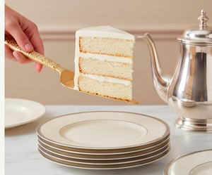 Juego de utensilios para servir pasteles de acero inoxidable con asas con acabado dorado en relieve, perfecto para bodas y eventos especiales. - Product Image 6