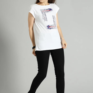 T-shirt blanc à manches courtes pour femme avec logo imprimé, col rond, jersey décontracté respirant, coupe classique, à porter toute l'année - Product Image 6