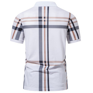 Polo à manches courtes pour homme, motif à carreaux, design tissé décontracté, coupe classique, blanc avec rayures bleues et beiges - Product Image 3