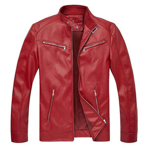 Men's Red Leather Moto <b>Jacket</b> Stand Collar Zipper Closure Slim Fit Autumn Regular Sleeve Solid Color - Product Image 1