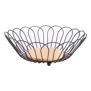 Corbeille à fruits moderne en fil métallique avec base en bois naturel, noir mat, décorative, ronde, pour comptoir, en promotion - Product Image 1