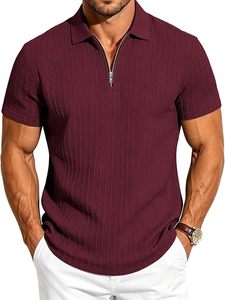 Chemises polo à col zippé pour hommes, décontractées, en maille texturée, à manches courtes, pour l'été, la plage, les vacances, extensibles, pour le golf - Product Image 2
