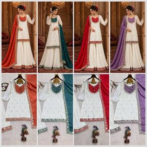 Costume Palazzo pour femmes, blanc et rouge, brodé, travail de sequins, manches longues, bordure en dentelle, style indien pakistanais, soie chino pure - Product Image 2