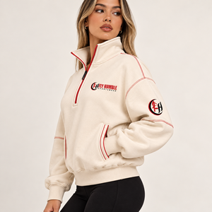 Sudadera de mujer rosa de forro polar con cremallera de un cuarto, cuello alto, hombros caídos y logo frontal. - Product Image 6