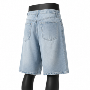 Shorts en jean baggy personnalisés pour hommes, style streetwear, 100 % coton biologique, écologiques, longueur genou, bleu clair, marque privée - Product Image 4