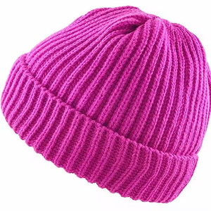 Pink Solid Ribbed <b>Beanie</b> Hat Unisex Adult Winter Warm Casual Style 100% Polyester Hand Knitted Breathable <b>Waterproof</b> Flock Print - Product Image 2