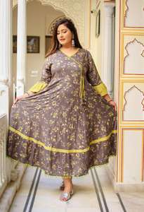 Rayon Floral Anarkali Kurti Women's <b>Plus</b> <b>Size</b> Angrakha Neck Bell Sleeves Flared Fit Casual Party Wear Grey Color - Product Image 4
