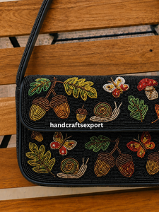 Bolso de hombro con cuentas hecho a mano con hojas de otoño, bellotas, mariposas y caracoles, estilo vintage para mujer - Product Image 5
