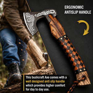 Hache viking artisanale – Hachette nordique Val Knut gravée de 15 pouces, lame en acier au carbone, manche en frêne et bois de rose, hache tomahawk forgée à la main - Product Image 3