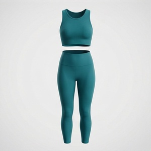 Ensemble 2 pièces de yoga pour femme : Crop top côtelé vert sarcelle sans manches à col rond et leggings taille haute - Product Image 1