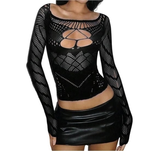 Women's Y2k <b>Fishnet</b> Mesh Shirt Hollow Out Long Sleeve Sexy Crop Top Concert Rave Outfits - Product Image 1