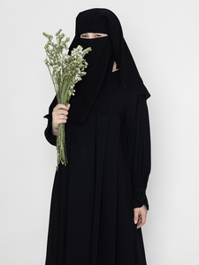 Elegant <b>Black</b> <b>Long</b> Sleeve Pleated <b>Maxi</b> <b>Dress</b> with Matching Niqab Holding Flowers Traditional Modest Islamic Outfit Women Wear - Product Image 1