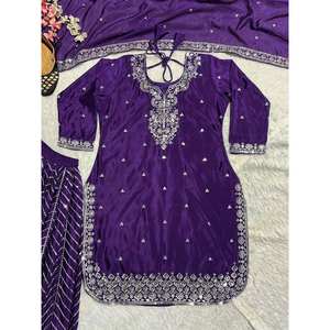 Hermosa ropa de fiesta para mujer Top Plazzo y Dupatta con conjunto de traje elegante de trabajo bordado - Product Image 2