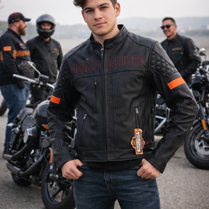 Chaqueta de Cuero Negra de Manga Larga para Hombre H-D con Logotipo Bordado en la Parte Delantera, Resistente al Viento, para Motocicleta - Product Image 2