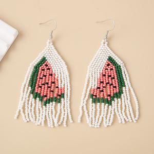 Boucles d'oreilles pendantes en verre perlé tressé style été, motif fruits fraise et ananas, pour femmes et filles - Product Image 6