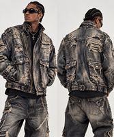 Veste en jean DiZNEW pour homme, style biker, effet usé, fermeture éclair asymétrique, pour les marques de streetwear, fabrication sur mesure OEM