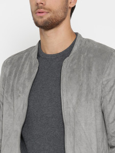 <b>Men's</b> Gray <b>Suede</b> Zipper <b>Jacket</b> Turn-down Collar Casual Autumn Wear Regular Fit Solid Color Slim Style - Product Image 2