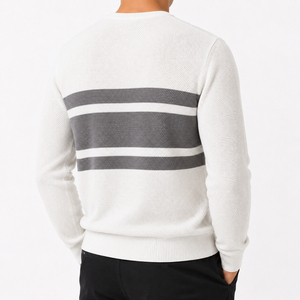 <b>Men's</b> White Knitted Crew Neck Pullover <b>Grey</b> Striped Long Sleeve Casual <b>Sweatshirt</b> - Product Image 2