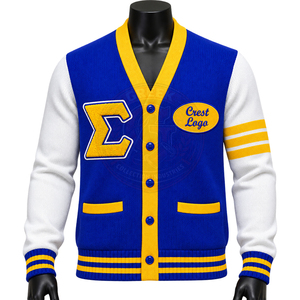 Cardigan en tricot personnalisé pour femme Sigma Gamma Rho, bleu et or, col en V, manches longues, lettres grecques brodées, style preppy - Product Image 4
