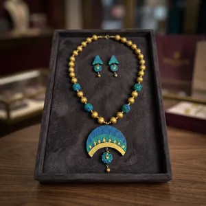 Conjunto de Collar y Pendientes de Piedra Natural Ecológica Chapada en Oro, con Cuentas de Arte Folclórico, Joyería Textil Azul Verde para Mujer, Ideal para Fiestas - Product Image 6