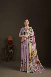 Sari en crêpe de soie à imprimé numérique floral prêt-à-porter avec chemisier cousu, sari traditionnel indien - Product Image 5