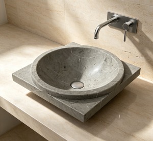 Marble Vessel Sink Round Basin Polished Grey Stone Top Mount Bathroom Sink Minimalist Design - Product Image 1