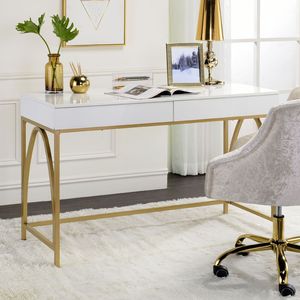 White High Gloss 2-Drawer Writing <b>Desk</b> with Gold Metal Trestle Base Stylish Office <b>Desk</b> - Product Image 2