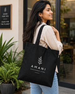 Bolsa de Tela Amani, 16x14 Pulgadas, Negra, Reutilizable, Ecológica, con Asas de Algodón, Fuelle de 11 Pulgadas, Diseño Sólido de 4 Pulgadas, para Compras - Product Image 4
