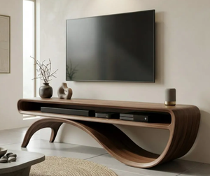 Mueble de TV de madera maciza curvada de lujo, consola con forma de onda única, mesa de almacenamiento multimedia con estantes abiertos, unidad moderna para sala de estar, venta al por mayor - Product Image 6