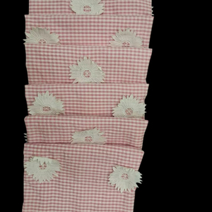 Factory Direct Pink & White Gingham Check 3D Floral Applique Fabric – Premium Cotton Base with Raised White Sunburst Embroidery - Product Image 1