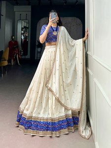 TENNECY Traditional Sequins Thread Embroidery Work Women's <b>Wedding</b> Diwali Blouse Vichitra Silk Lehenga Reversible Stretchable - Product Image 2