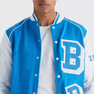 Men's Blue White Color Block Varsity Jacket Preppy Style <b>Covered</b> <b>Button</b> Closure Embroidered Front Stand Regular Fit Winter Wear - Product Image 4