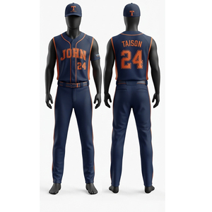Conjunto de Uniforme de Béisbol de 120 GSM 100% Poliéster, Color Azul Marino con Ribete Naranja, Logotipo del Equipo, Nombre y Número Impresos por Transferencia de Calor Personalizados, Pantalones y Camiseta - Product Image 1