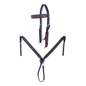 Ensemble de têtière, collier de poitrine et bride en cuir repoussé pour cheval western avec rênes – Équipement d'équitation - Product Image 1