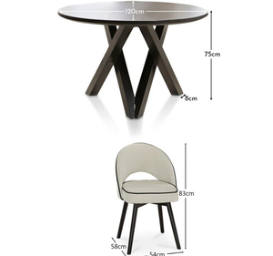 Ensemble de table à manger en teck massif moderne Per Se avec base à pieds croisés, chaises rembourrées confortables, design minimaliste, hôtel, appartement - Product Image 6