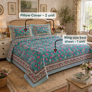 Premium Jaipur Hand Block Printed Pure Cotton King Bedsheet 3 <b>PC</b> <b>Set</b> 108x90" Floral 200TC Soft Skin-Friendly Durable Sustainable - Product Image 6