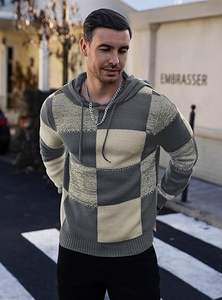 Pull à capuche pour homme, brodé, à carreaux, color-block, en tricot gaufré texturé, 100% coton, coupe oversize, décontracté, rétro - Product Image 3