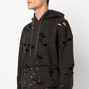 Men's Black Distressed Hoodie Oversized Cut Out Design <b>Spray</b> Painted Streetwear Knitted Cotton Distressed Hoodies - Product Image 3