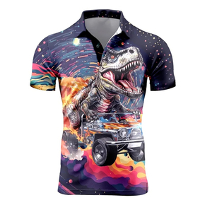 ACE Dinosaur Riding Car Full Print Hawaiian Style Unisex Short Sleeve Shirt Turn-<b>down</b> Collar Regular Fit 100% Cotton Breathable - Product Image 1