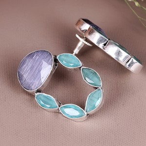 Pendientes de estilo bohemio, tribal y étnico, de latón con baño de plata antigua, para mujer, para bodas, con incrustaciones de piedra Monalisa, geométricos, colgantes y llamativos - Product Image 2