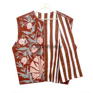 เสื้อกั๊กผ้าฝ้ายพิมพ์ลายดอกไม้สไตล์ซูซานี แขนตัดเย็บแบบเสื้อแจ็คเก็ต สำหรับผู้หญิง ทำมือ ผ้าฝ้าย 100% ระบายอากาศได้ดี เหมาะสำหรับฤดูใบไม้ผลิ/ฤดูใบไม้ร่วง - Product Image 6