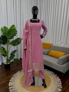 Conjunto de Salwar Kameez Rosa Bordado, Kurta Vintage de Línea A y Pantalones para Mujer, Ropa para Fiestas y Bodas - Product Image 4