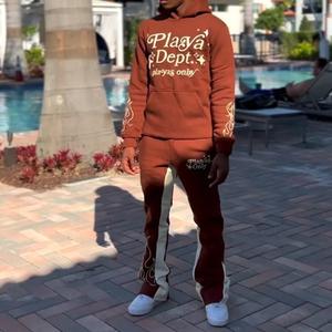 Chándal personalizado con estampado de abullonado en 3D, conjunto de chándal polar de dos piezas, pantalones de chándal acampanados de algodón de gran tamaño y Sudadera con capucha para hombre - Product Image 2