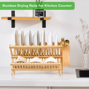 Collapsible 2-Tier Bamboo Dish <b>Drying</b> <b>Rack</b> Foldable Wooden Drainer Utensil Holder Space-Saving Kitchen Dish <b>Rack</b> - Product Image 6