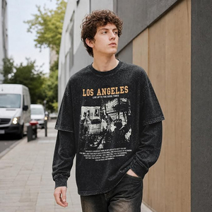 เสื้อยืดโอเวอร์ไซส์ลายกราฟิกสำหรับผู้ชาย ลอสแอนเจลิส แอซิดวอช 2 in 1 สไตล์กรันจ์ เสื้อวินเทจ สตรีทแวร์ เสื้อทีเชิ้ตแบบเลเยอร์ Y2K - Product Image 3