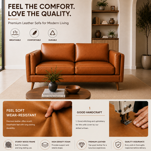 Mid-Century Modern Style Genuine Leather <b>Sofa</b> Premium Upholstered Couch for Living Room Entertainment Area Apartment in Camel - Product Image 3