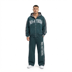 Conjunto de Sudadera con Capucha Verde Oscuro Personalizada con Cierre y Pantalones Deportivos Anchos, Chándal Gráfico Extra Grande para Hombre - Product Image 1