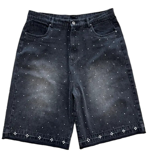 <b>Men</b> Mid Waist <b>Bermuda</b> Denim <b>Shorts</b> Washed Cotton Button Fly Dot Pattern Casual Style Rivet Decoration - Product Image 1