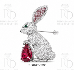 Elegante Broche de Plata de Ley 925 con Corte de Pera Rosa Conejo, Piedra Blanca y Ojo Verde, Pin de Solapa para Blazer, Joyería de Destaque - Product Image 3