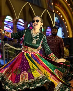 Color Block Modern Sheath Satin Navaratri <b>Lengha</b> Full Sleeve Maxi Embroidered Print Scoop Neck Empire Waist Evening Dress - Product Image 3